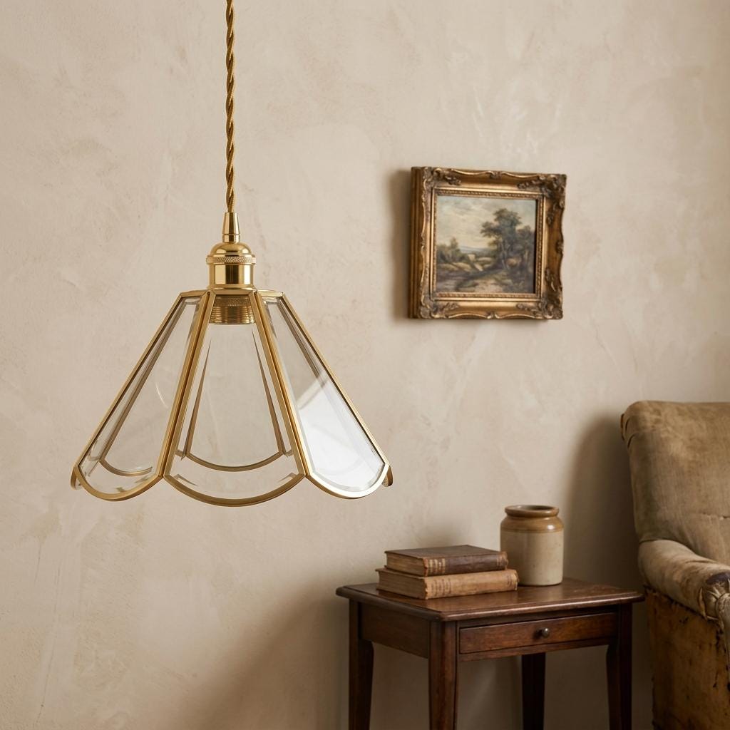 Handmade Clear Flared Pendant Light with Warm Gold-Tone Curved Lines - view 8