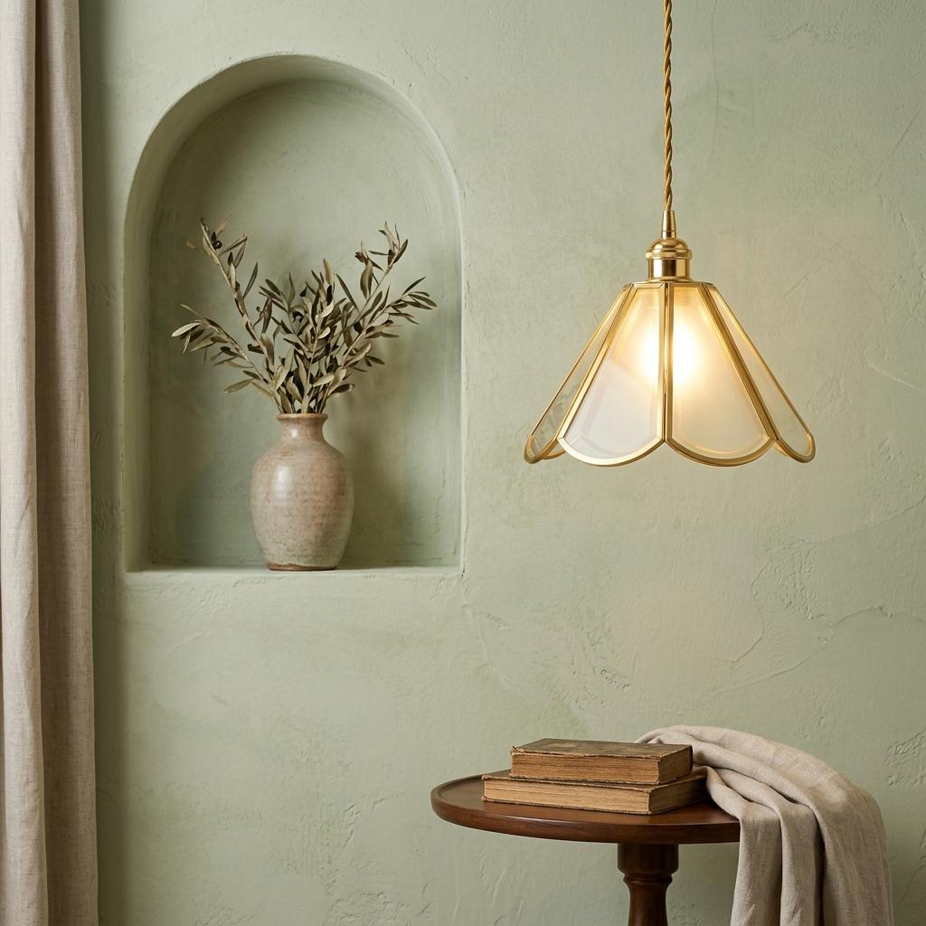 Handmade Clear Flared Pendant Light with Warm Gold-Tone Curved Lines - view 5