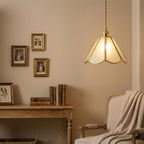 Handmade Clear Flared Pendant Light with Warm Gold-Tone Curved Lines - view 7