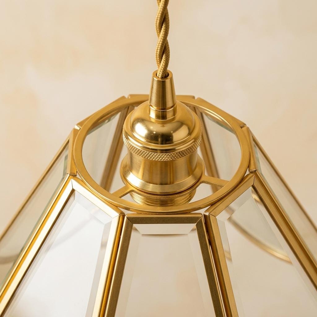 Handmade Clear Flared Pendant Light with Warm Gold-Tone Curved Lines - view 4