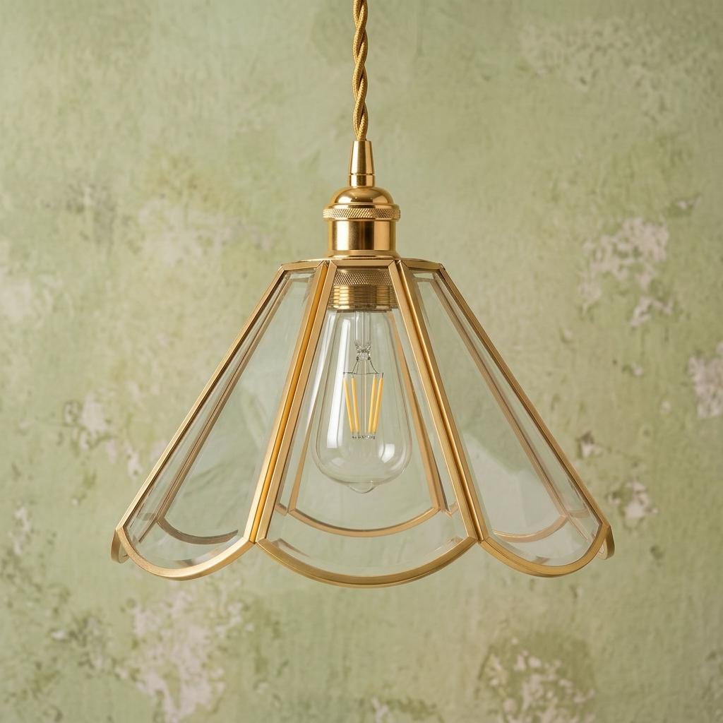Handmade Clear Flared Pendant Light with Warm Gold-Tone Curved Lines - view 10