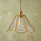 Handmade Clear Flared Pendant Light with Warm Gold-Tone Curved Lines - view 10