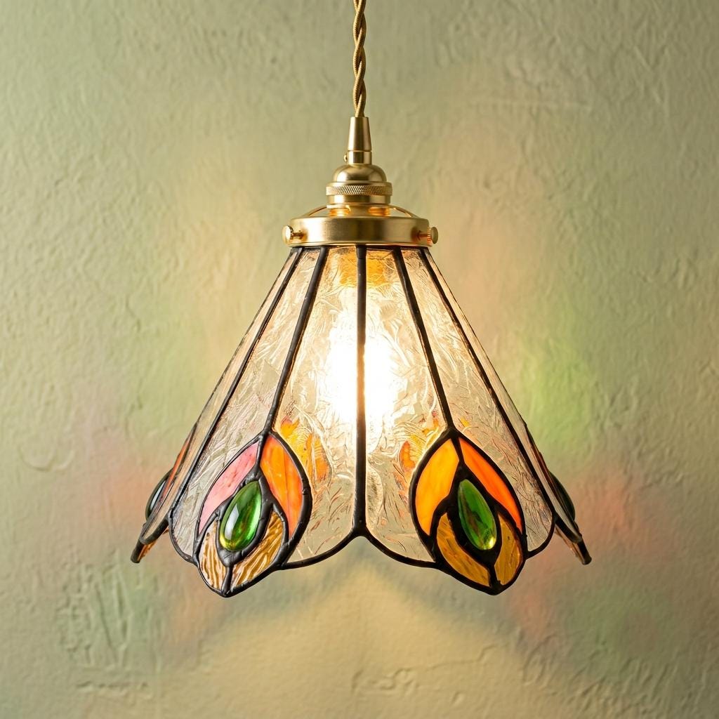 Handmade Peacock-Inspired Tiffany-Inspired Pendant Light with Orange and Green Feather-Eye Motifs by AuroraeGlass