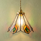 Handmade Peacock-Inspired Tiffany-Inspired Pendant Light with Orange and Green Feather-Eye Motifs by AuroraeGlass