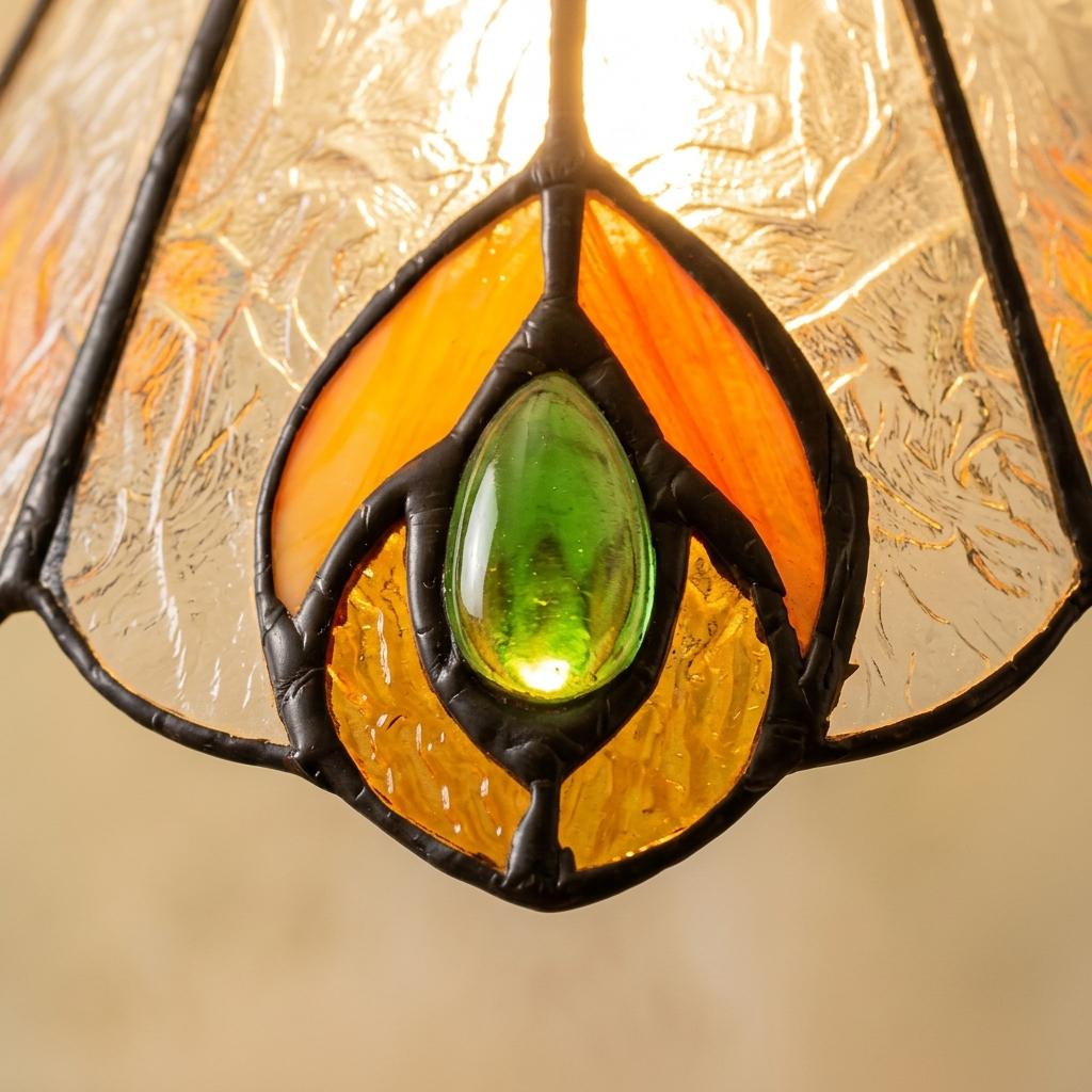 Handmade Peacock-Inspired Tiffany-Inspired Pendant Light with Orange and Green Feather-Eye Motifs - view 2