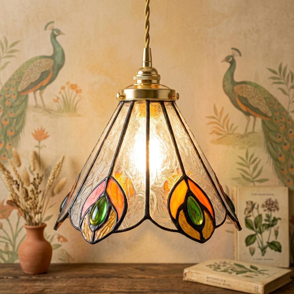 Handmade Peacock-Inspired Tiffany-Inspired Pendant Light with Orange and Green Feather-Eye Motifs - view 10