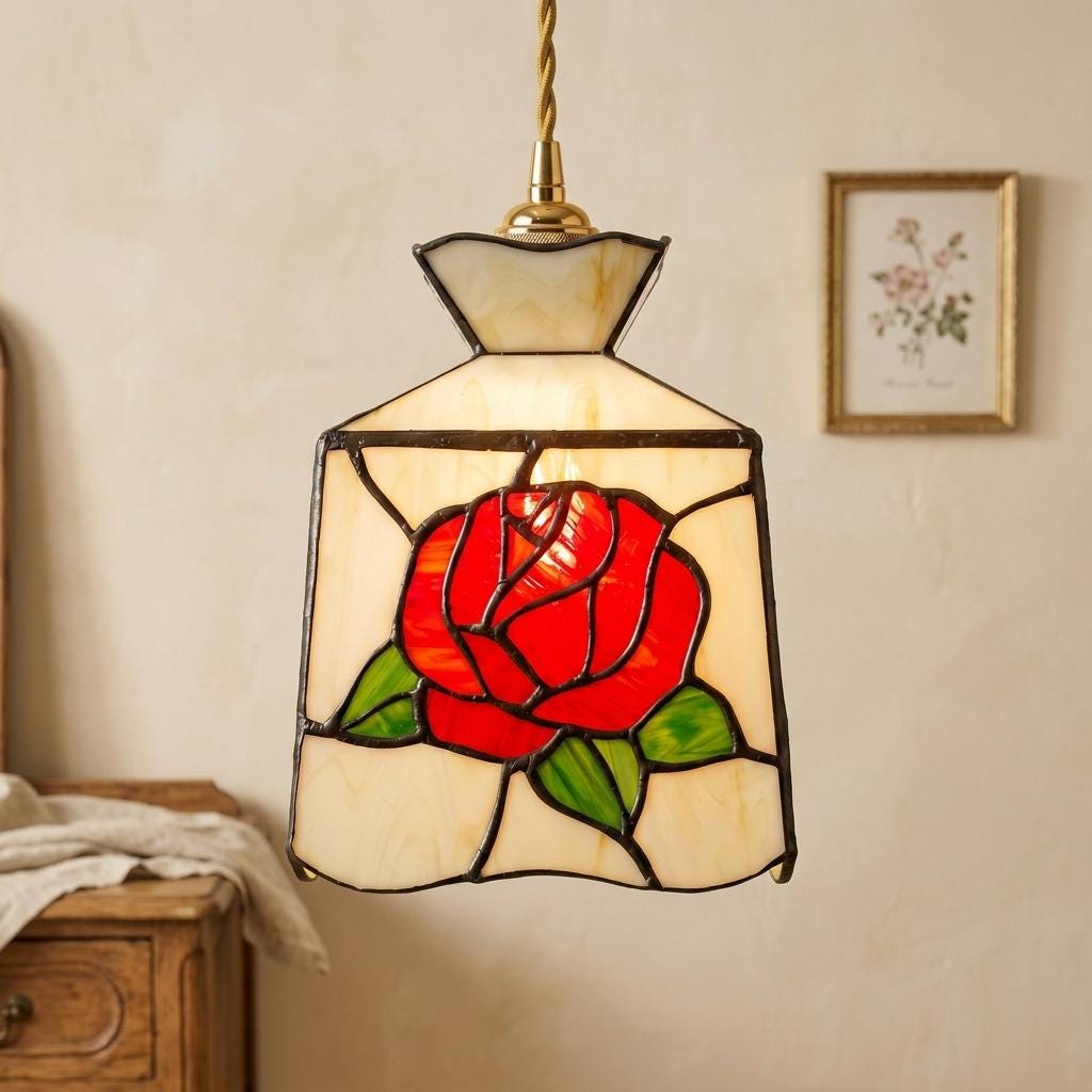 Handmade Red-Rose Lantern Tiffany-Inspired Pendant Light with Cream Geometric Panels - view 10