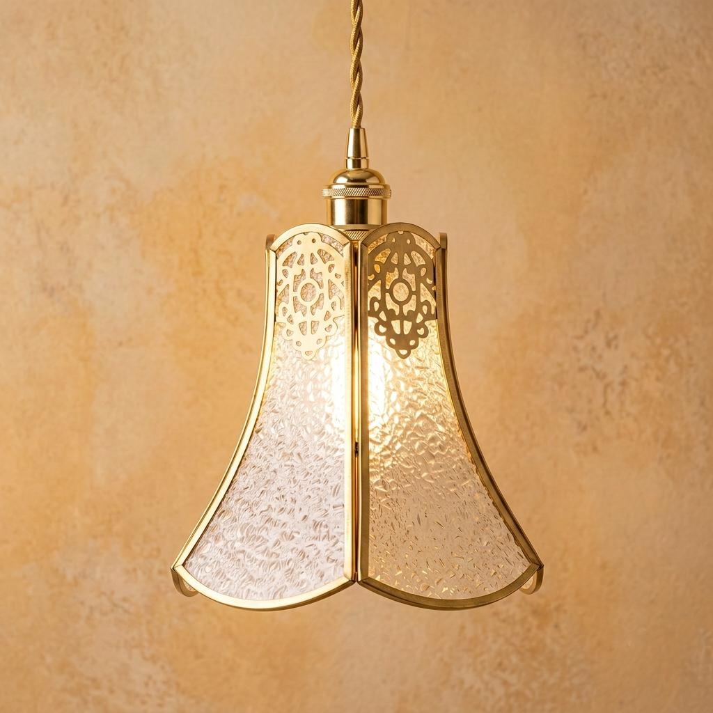 Handmade Clear Flared Pendant Light with Gold-Tone Scroll Details by AuroraeGlass