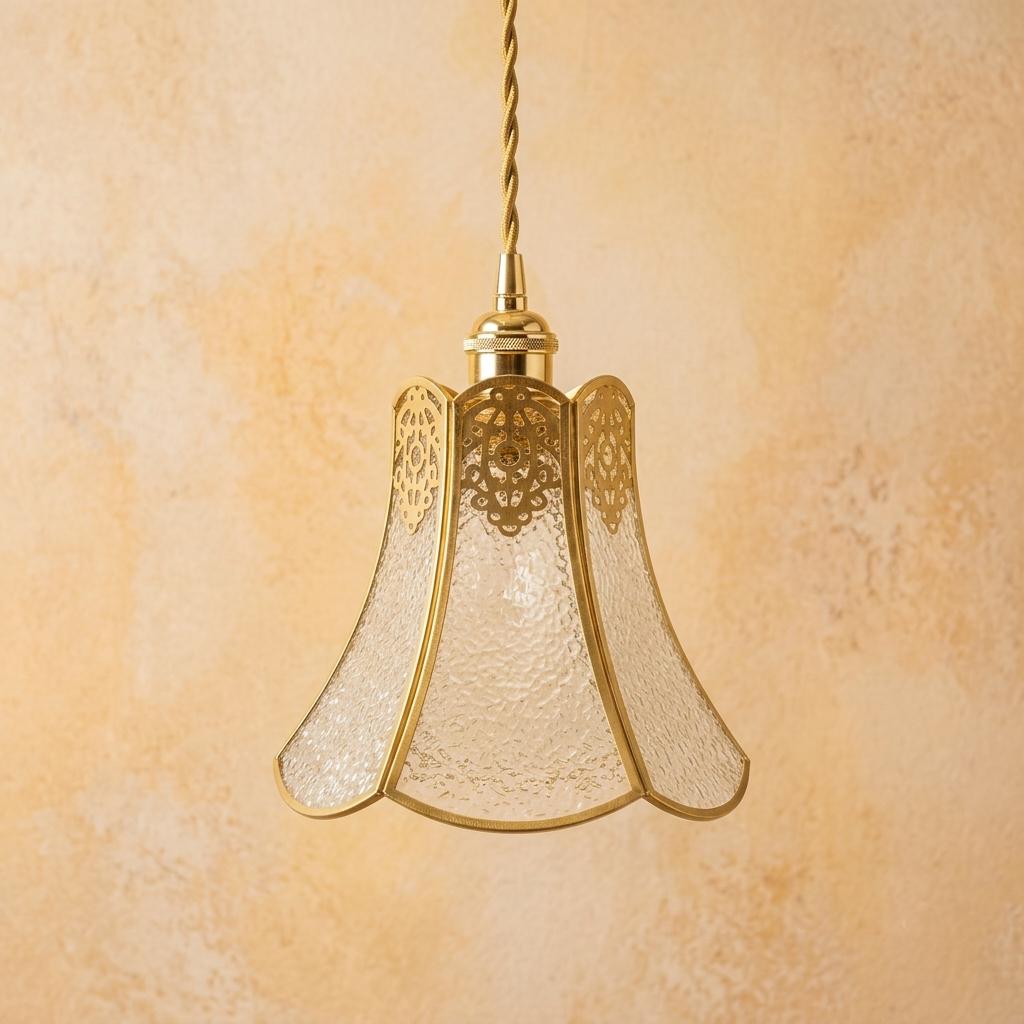Handmade Clear Flared Pendant Light with Gold-Tone Scroll Details - view 5