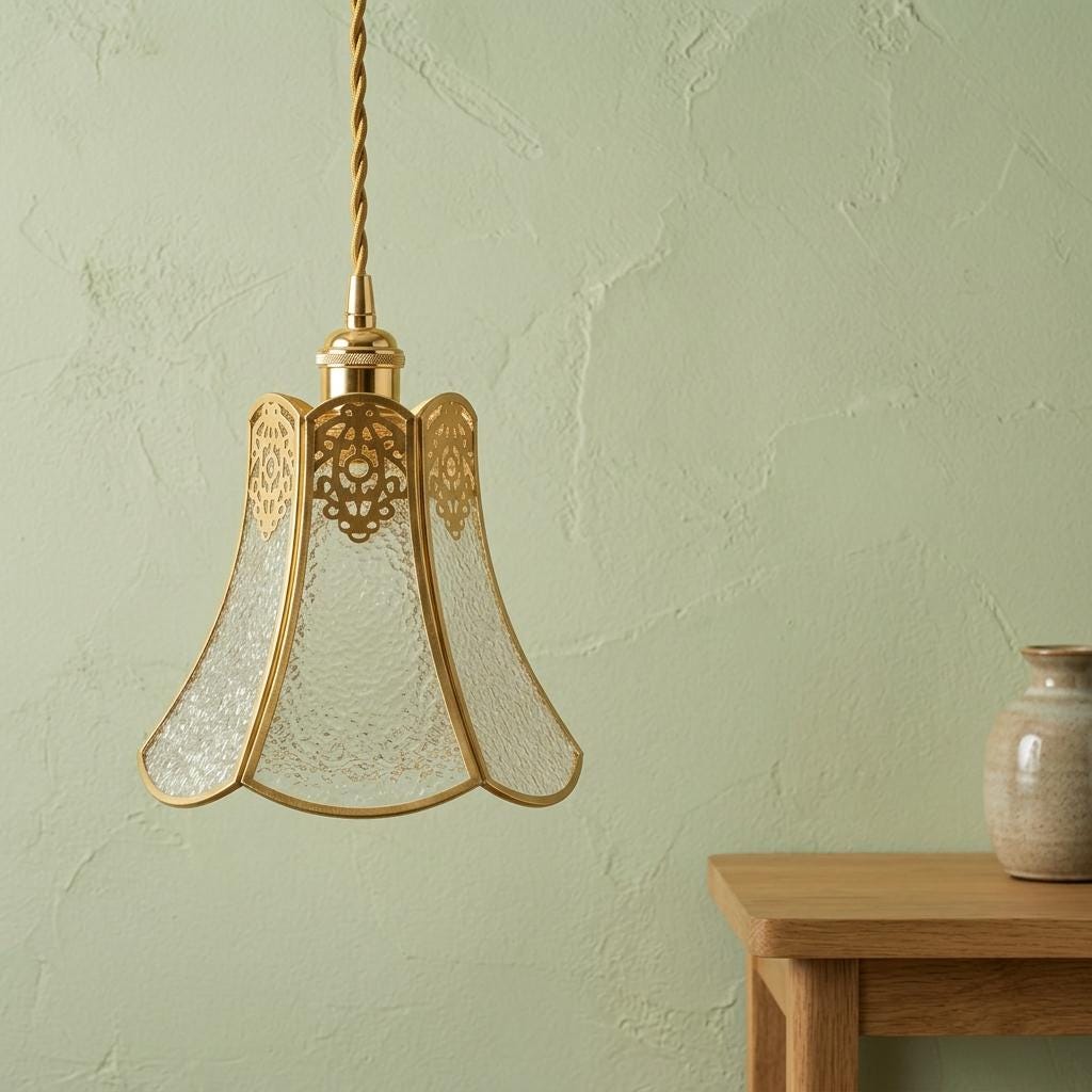Handmade Clear Flared Pendant Light with Gold-Tone Scroll Details - view 7