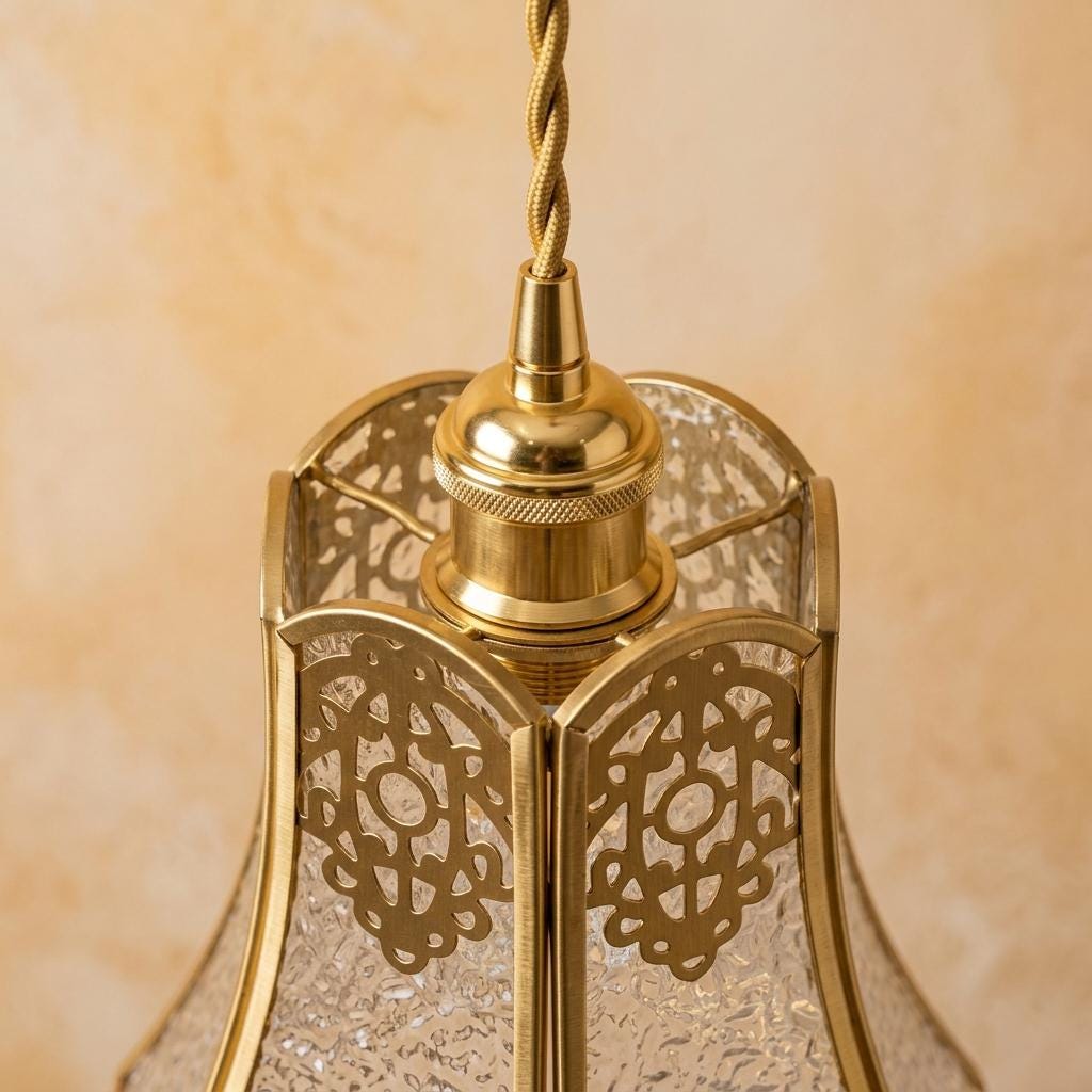 Handmade Clear Flared Pendant Light with Gold-Tone Scroll Details - view 4