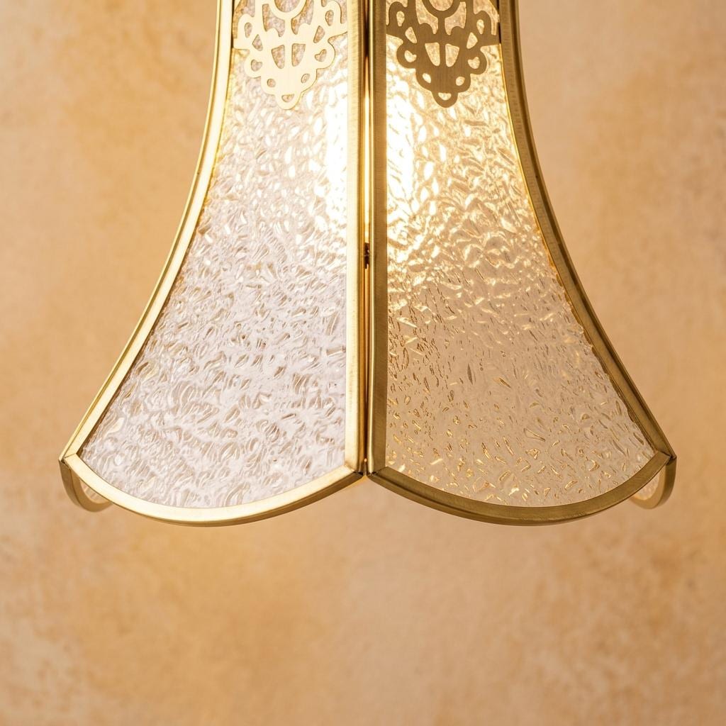 Handmade Clear Flared Pendant Light with Gold-Tone Scroll Details - view 2