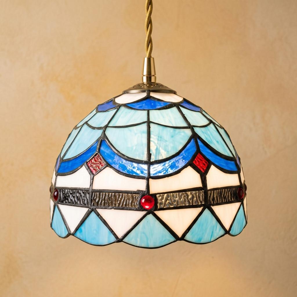Handmade Blue and White Dome Tiffany-Inspired Pendant Light with Scalloped Bands and Red Details by AuroraeGlass