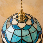 Handmade Blue and White Dome Tiffany-Inspired Pendant Light with Scalloped Bands and Red Details - view 4