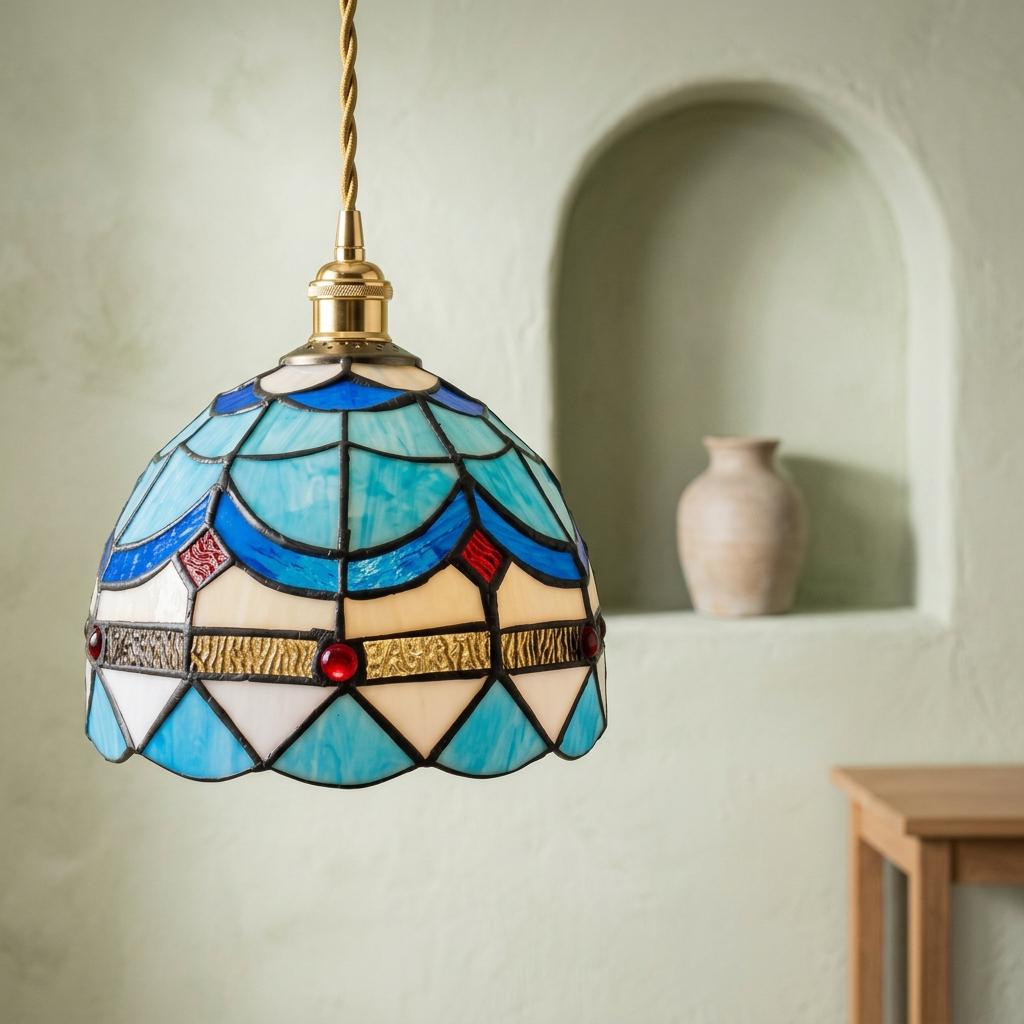 Handmade Blue and White Dome Tiffany-Inspired Pendant Light with Scalloped Bands and Red Details - view 7