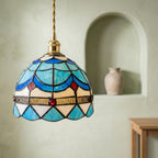 Handmade Blue and White Dome Tiffany-Inspired Pendant Light with Scalloped Bands and Red Details - view 7
