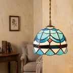 Handmade Blue and White Dome Tiffany-Inspired Pendant Light with Scalloped Bands and Red Details - view 8