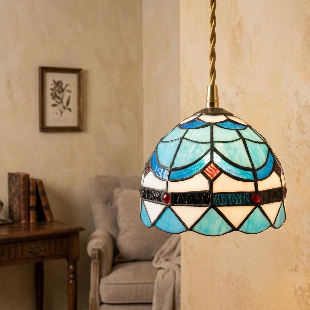Handmade Blue and White Dome Tiffany-Inspired Pendant Light with Scalloped Bands and Red Details - view 8