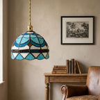 Handmade Blue and White Dome Tiffany-Inspired Pendant Light with Scalloped Bands and Red Details - view 9