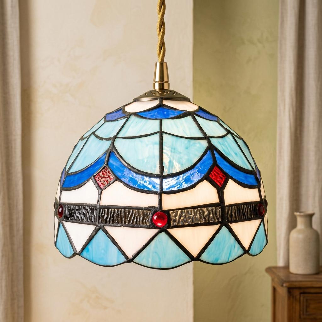 Handmade Blue and White Dome Tiffany-Inspired Pendant Light with Scalloped Bands and Red Details - view 10