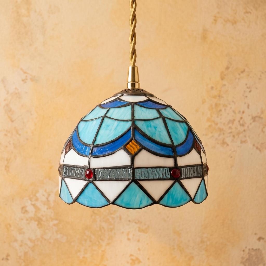 Handmade Blue and White Dome Tiffany-Inspired Pendant Light with Scalloped Bands and Red Details - view 5