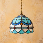Handmade Blue and White Dome Tiffany-Inspired Pendant Light with Scalloped Bands and Red Details - view 5