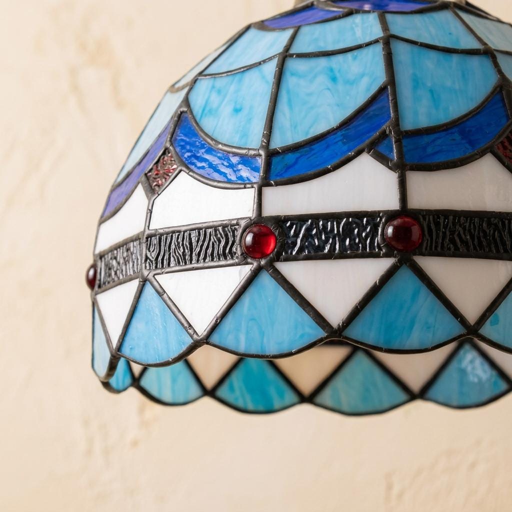 Handmade Blue and White Dome Tiffany-Inspired Pendant Light with Scalloped Bands and Red Details - view 3