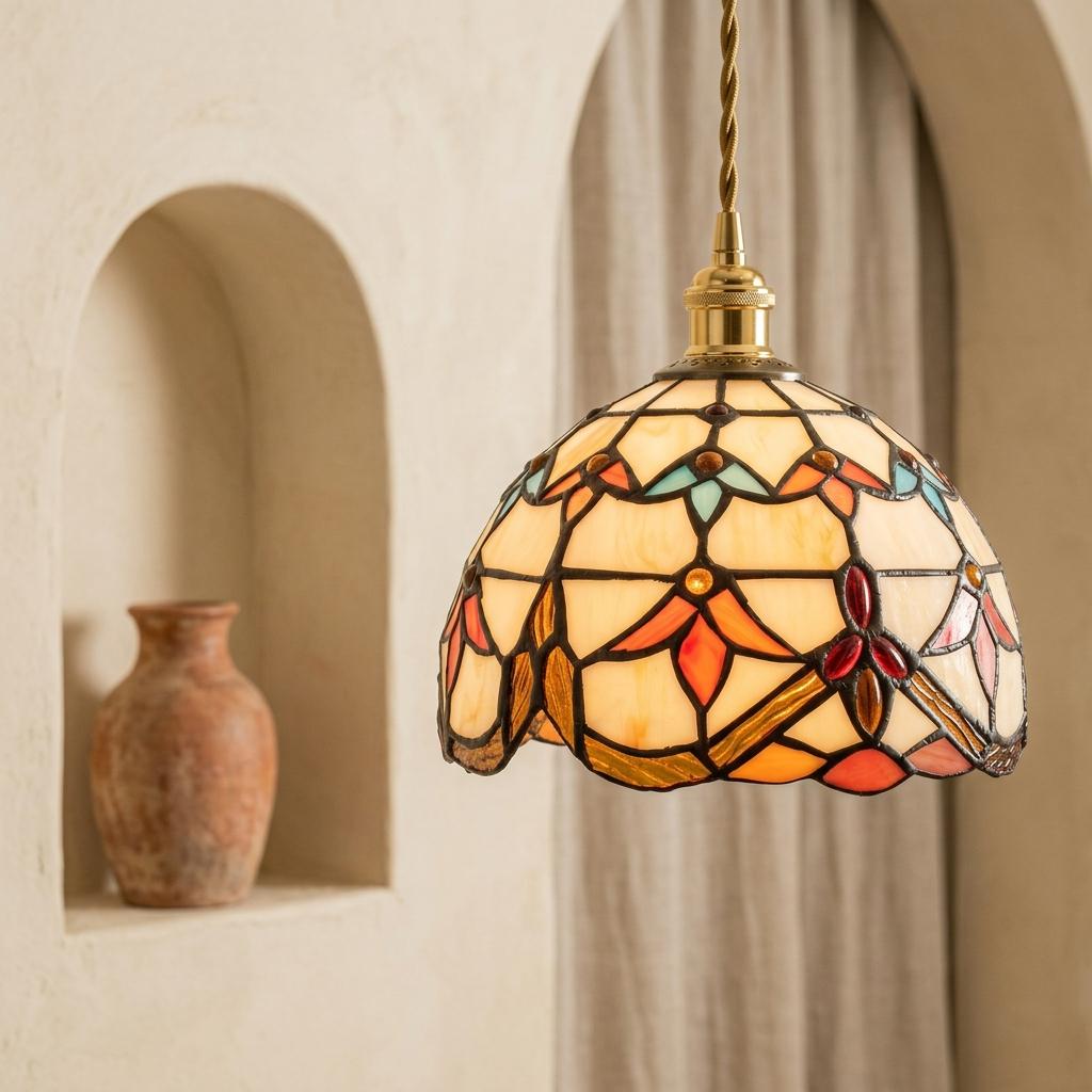 Handmade Abstract Multicolor Dome Tiffany-Inspired Pendant Light with Eye-Shaped Motifs - view 6