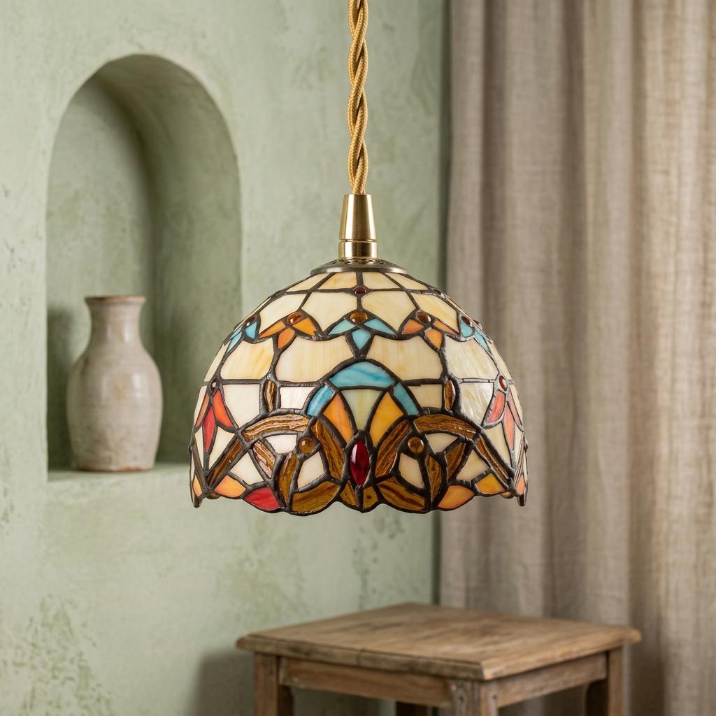 Handmade Abstract Multicolor Dome Tiffany-Inspired Pendant Light with Eye-Shaped Motifs - view 7