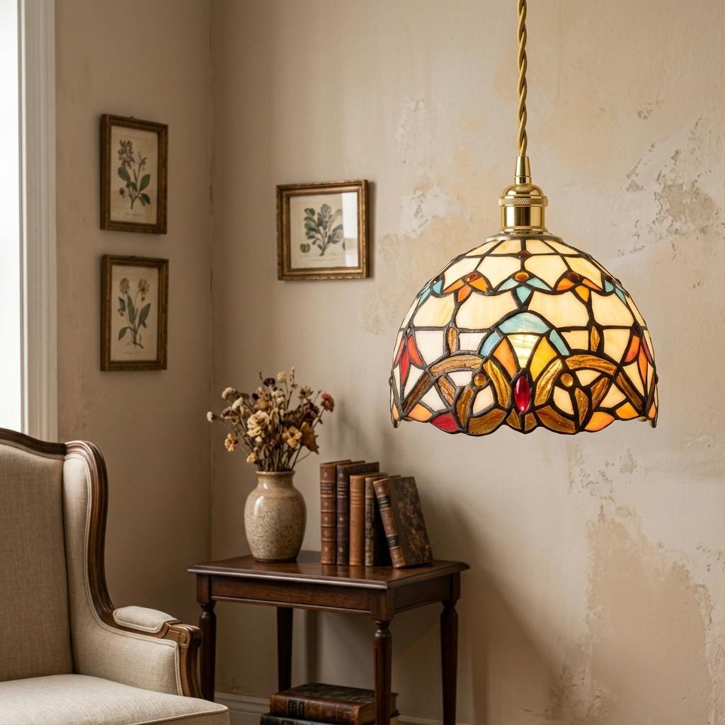 Handmade Abstract Multicolor Dome Tiffany-Inspired Pendant Light with Eye-Shaped Motifs - view 8