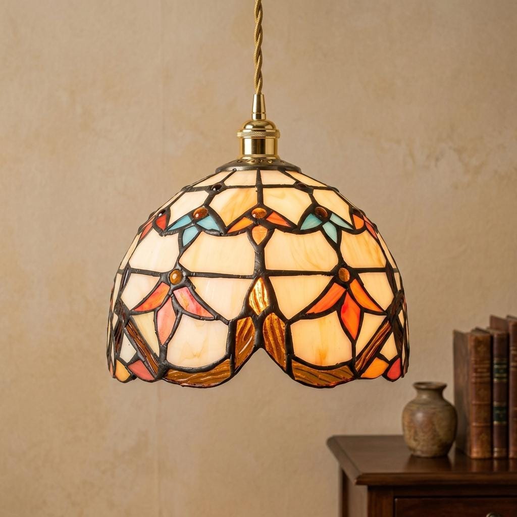 Handmade Abstract Multicolor Dome Tiffany-Inspired Pendant Light with Eye-Shaped Motifs - view 10
