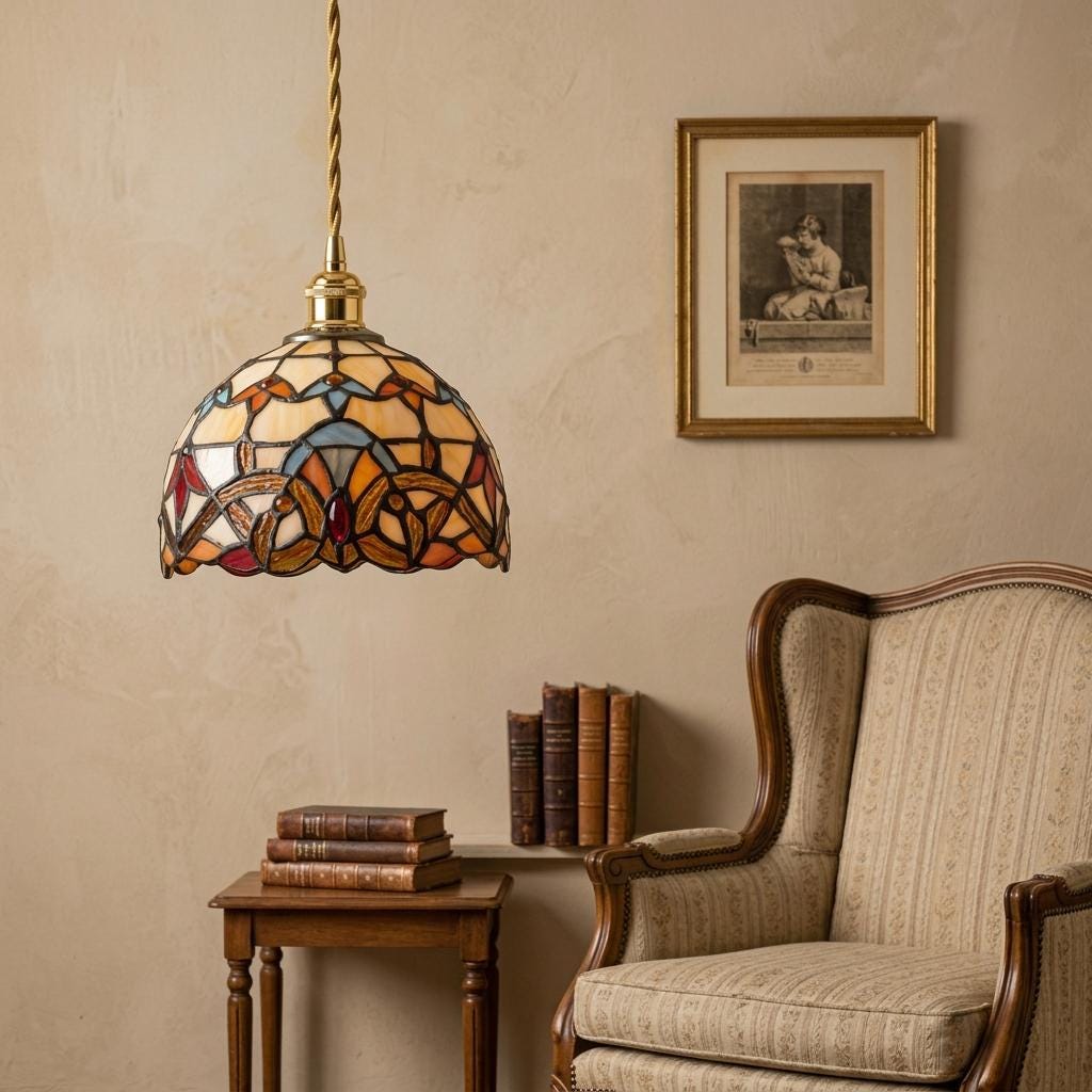Handmade Abstract Multicolor Dome Tiffany-Inspired Pendant Light with Eye-Shaped Motifs - view 9