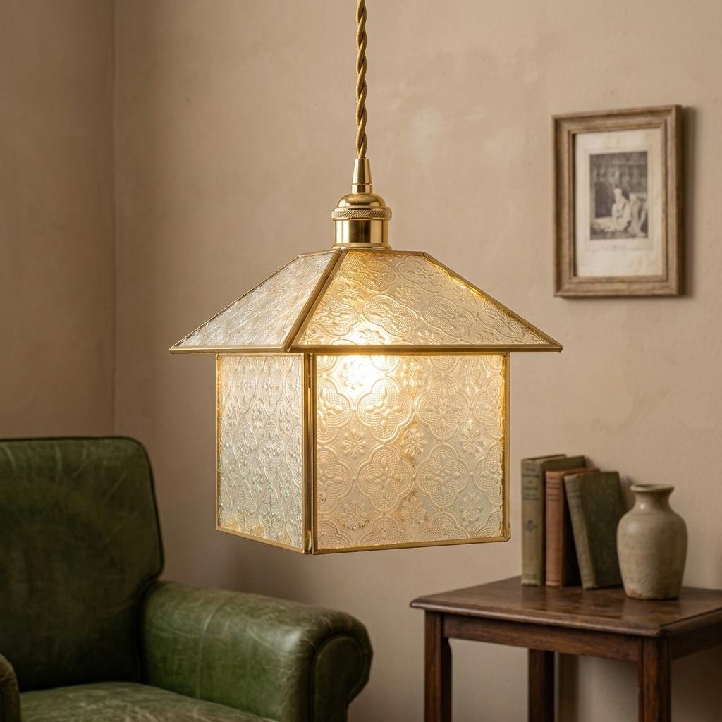 Handmade House-Shaped Pendant Light with Patterned Panels and Gold-Tone Frame - view 8