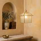 Handmade House-Shaped Pendant Light with Patterned Panels and Gold-Tone Frame - view 10