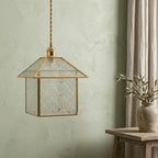 Handmade House-Shaped Pendant Light with Patterned Panels and Gold-Tone Frame - view 7