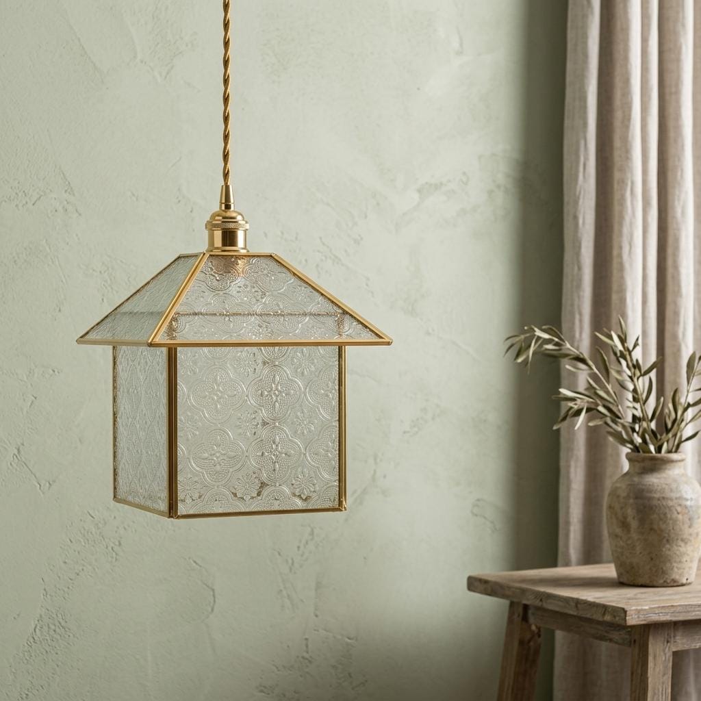 Handmade House-Shaped Pendant Light with Patterned Panels and Gold-Tone Frame - view 7