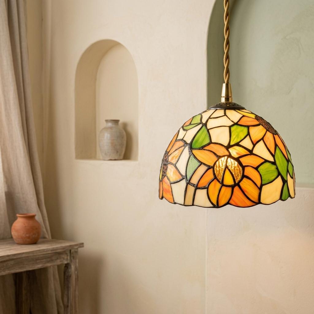 Handmade Yellow Floral Dome Tiffany-Inspired Pendant Light with Orange Petals and Green Leaves - view 6