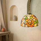 Handmade Yellow Floral Dome Tiffany-Inspired Pendant Light with Orange Petals and Green Leaves - view 6