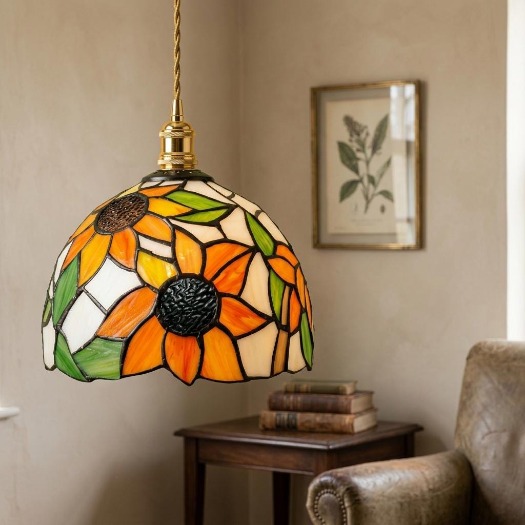 Handmade Yellow Floral Dome Tiffany-Inspired Pendant Light with Orange Petals and Green Leaves - view 9