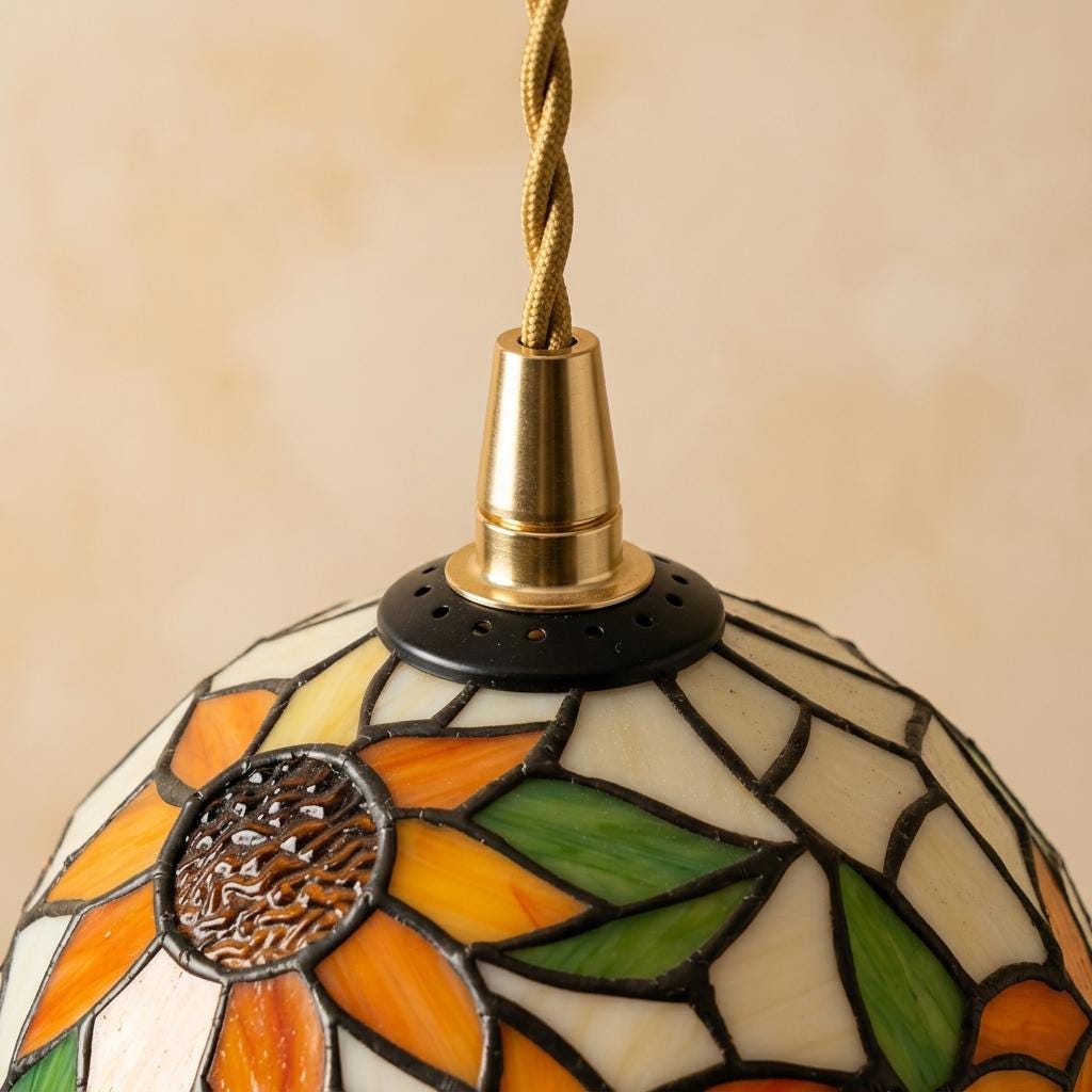 Handmade Yellow Floral Dome Tiffany-Inspired Pendant Light with Orange Petals and Green Leaves - view 4