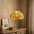 Handmade Yellow Floral Dome Tiffany-Inspired Pendant Light with Orange Petals and Green Leaves - view 10