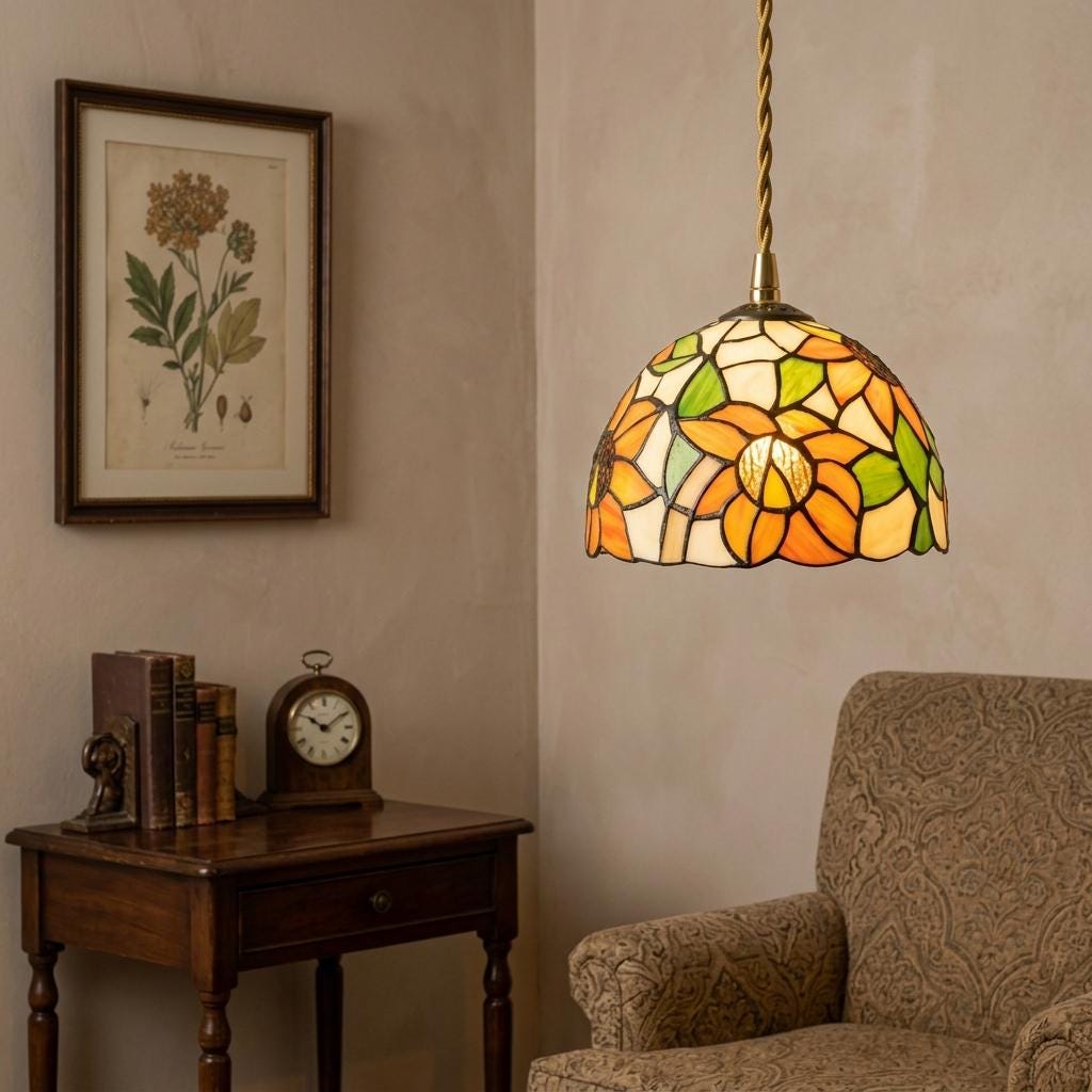 Handmade Yellow Floral Dome Tiffany-Inspired Pendant Light with Orange Petals and Green Leaves - view 8