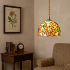 Handmade Yellow Floral Dome Tiffany-Inspired Pendant Light with Orange Petals and Green Leaves - view 8