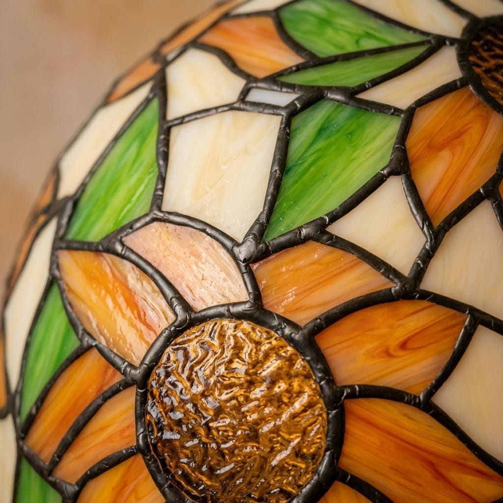 Handmade Yellow Floral Dome Tiffany-Inspired Pendant Light with Orange Petals and Green Leaves - view 2