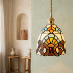 Handmade Owl-Inspired Tiffany-Inspired Pendant Light with Cream, Blue, and Amber-tone Panels - view 6