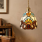 Handmade Owl-Inspired Tiffany-Inspired Pendant Light with Cream, Blue, and Amber-tone Panels - view 8