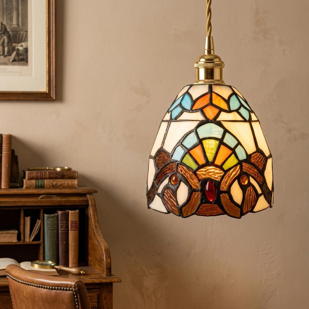 Handmade Owl-Inspired Tiffany-Inspired Pendant Light with Cream, Blue, and Amber-tone Panels - view 8
