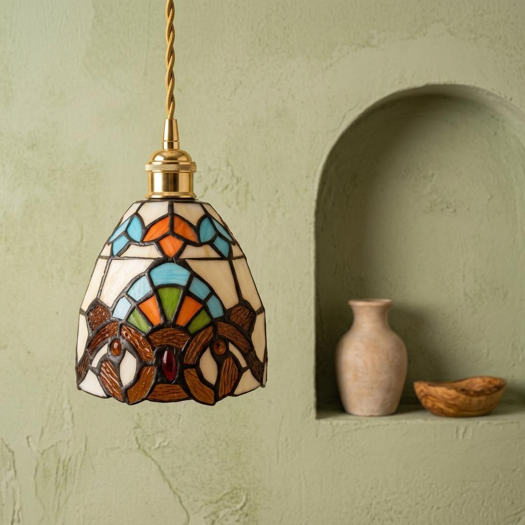 Handmade Owl-Inspired Tiffany-Inspired Pendant Light with Cream, Blue, and Amber-tone Panels - view 7