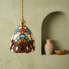 Handmade Owl-Inspired Tiffany-Inspired Pendant Light with Cream, Blue, and Amber-tone Panels - view 7
