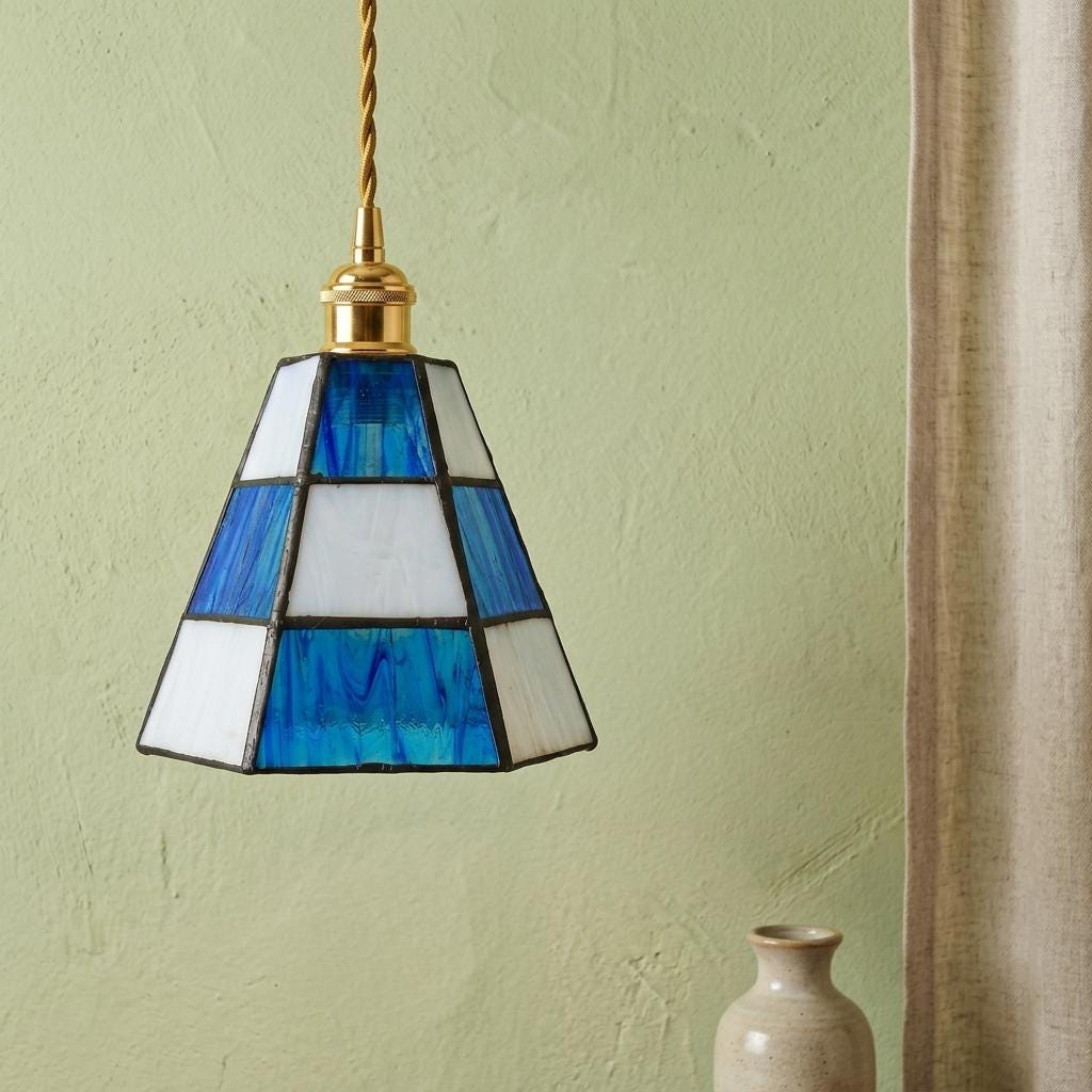 Handmade Blue and White Striped Tiffany-Inspired Pendant Light with Tapered Bell Shape - view 7